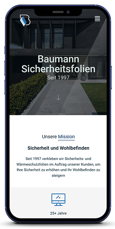 Smartphone Mockup, welcher die Website sicherheitsfolien-baumann.de zeigt