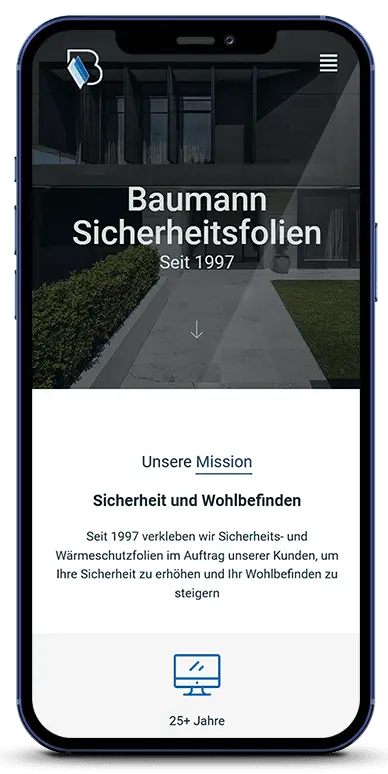 Smartphone Mockup, welches das Thema Websites am Beispiel von Baumann Sicherheitsfolien aufzeigt