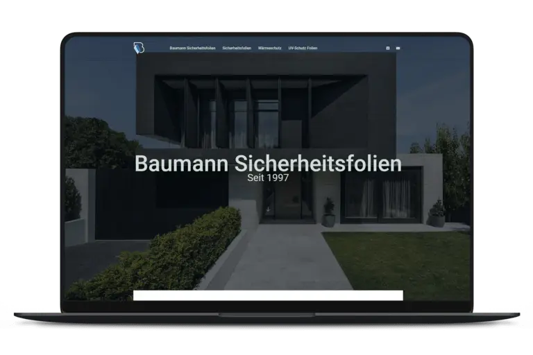 Beispielbild, freigestellter Laptop mit geöffneter Website eines Kunden: Baumann Sicherheitsfolien Ruhland