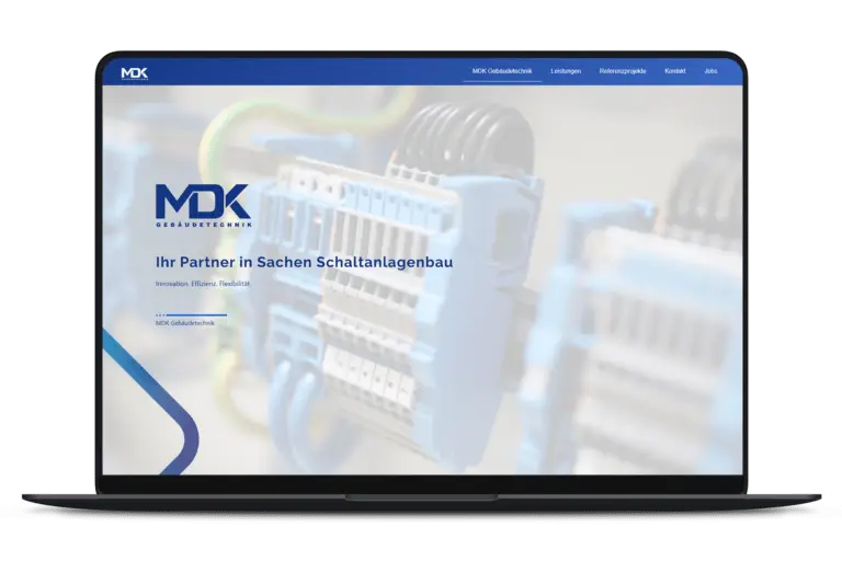 Beispielbild, freigestellter Laptop mit geöffneter Website eines Kunden: MDK Gebäudetechnik