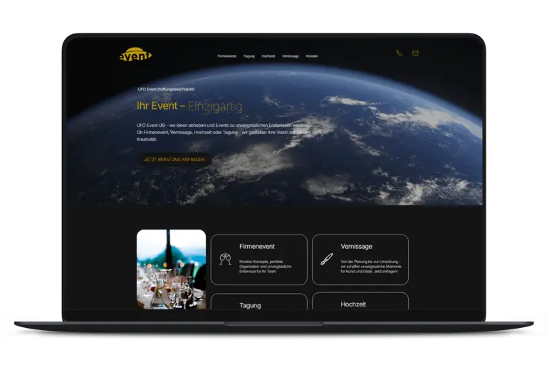 Beispielbild, freigestellter Laptop mit geöffneter Website eines Kunden: UFO Event UG