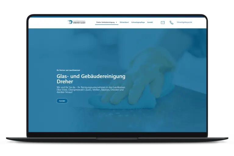 Beispielbild, freigestellter Laptop mit geöffneter Website eines Kunden: Reinigung Dreher Lauchhammer