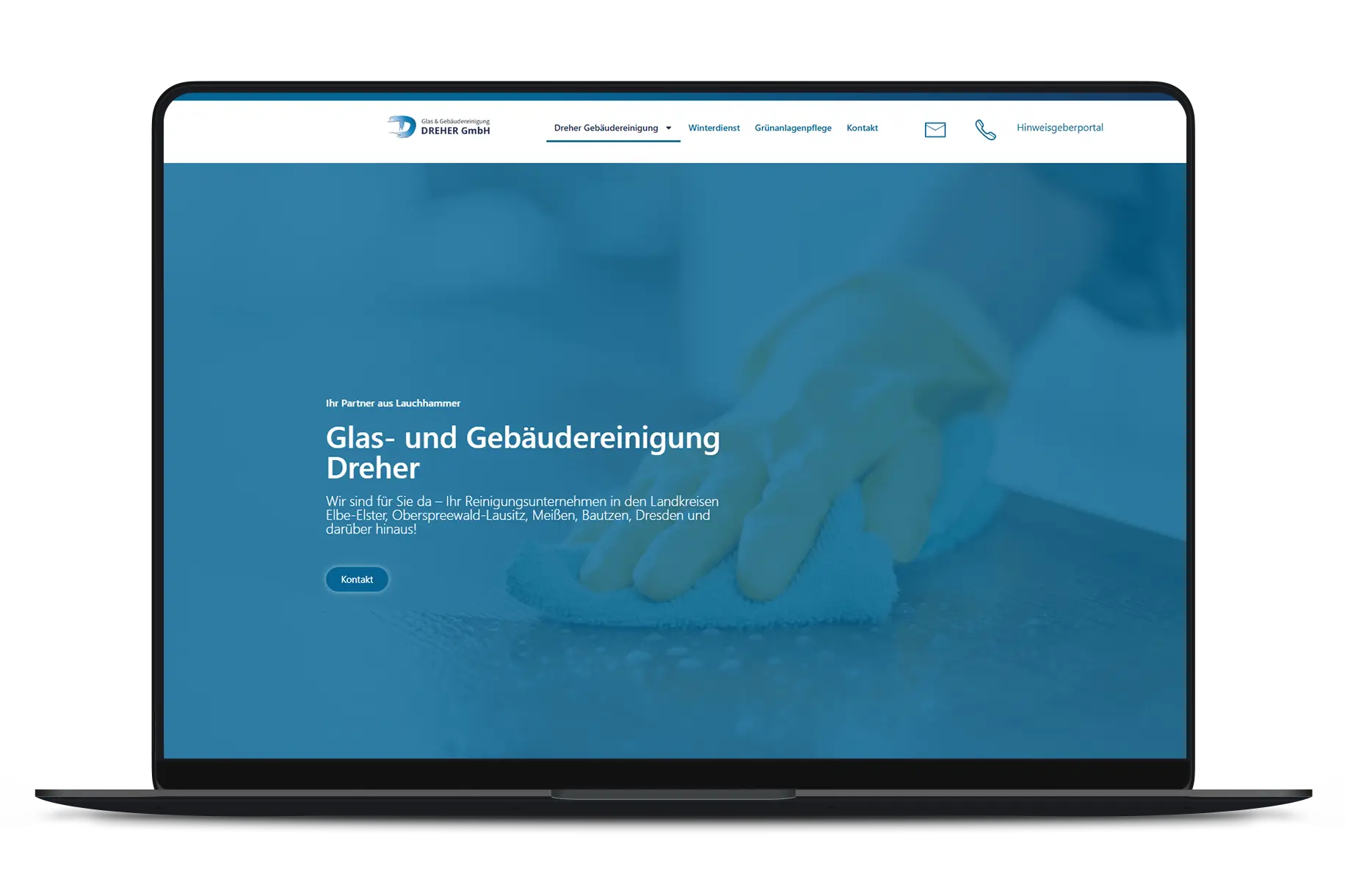 Beispielbild, freigestellter Laptop mit geöffneter Website eines Kunden: Reinigung Dreher Lauchhammer